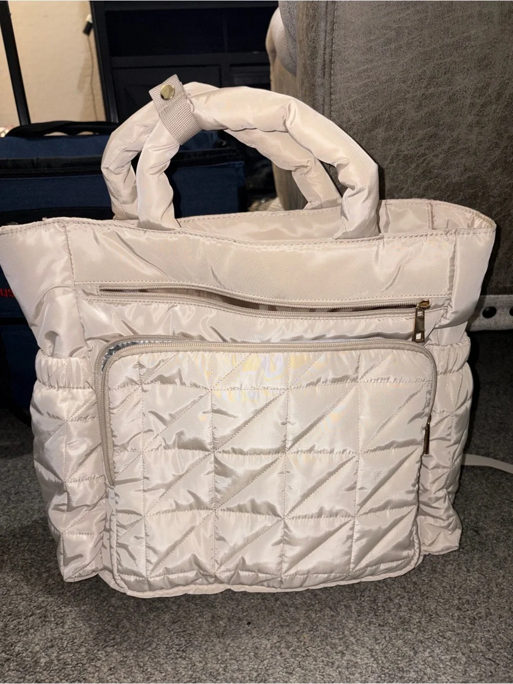 Quilted Puffer Tote Bag in Light Cream